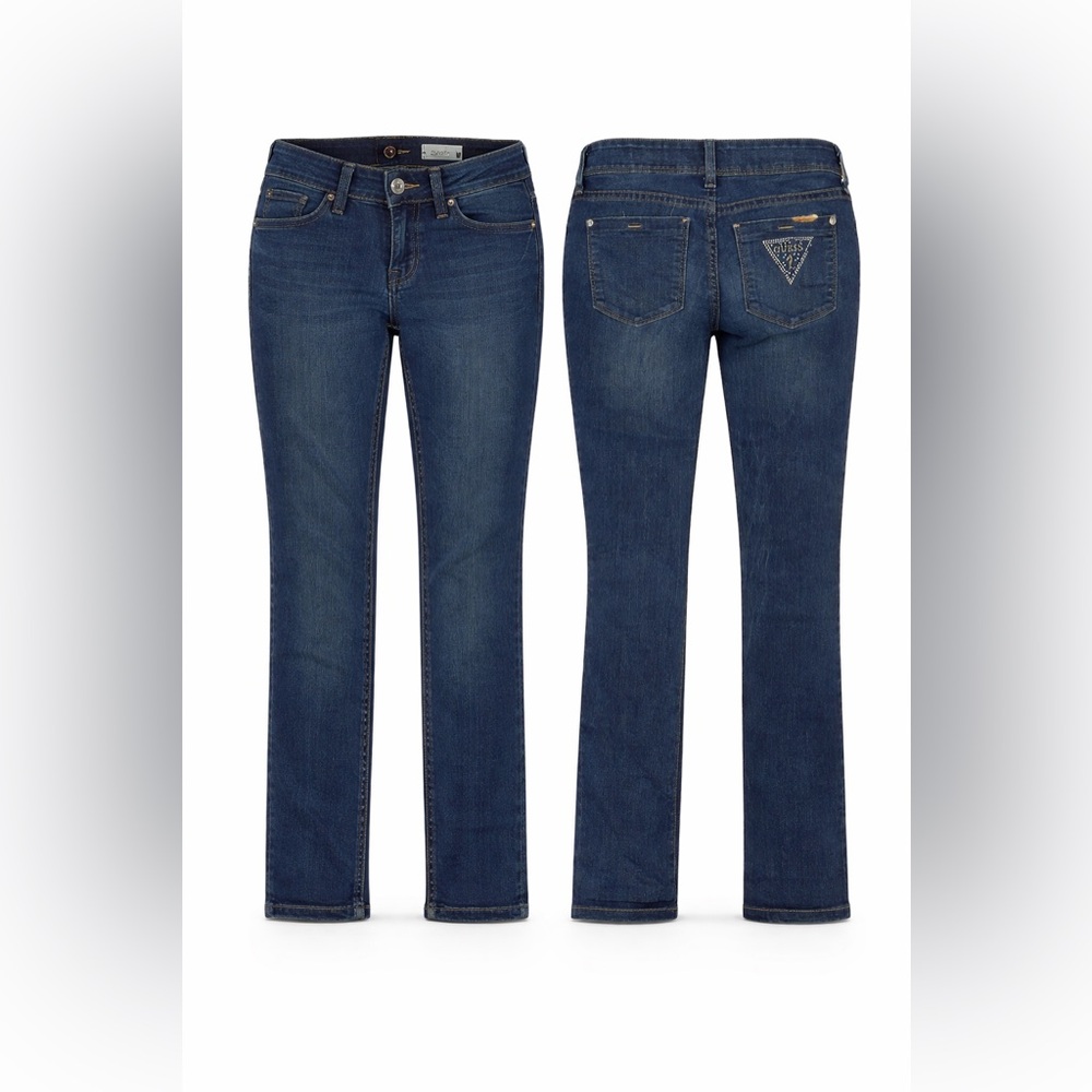 Guess Medium Rise Skinny Jeans Dark Wash Rhinestone Triangle‎ Logo - Picture 2 of 2